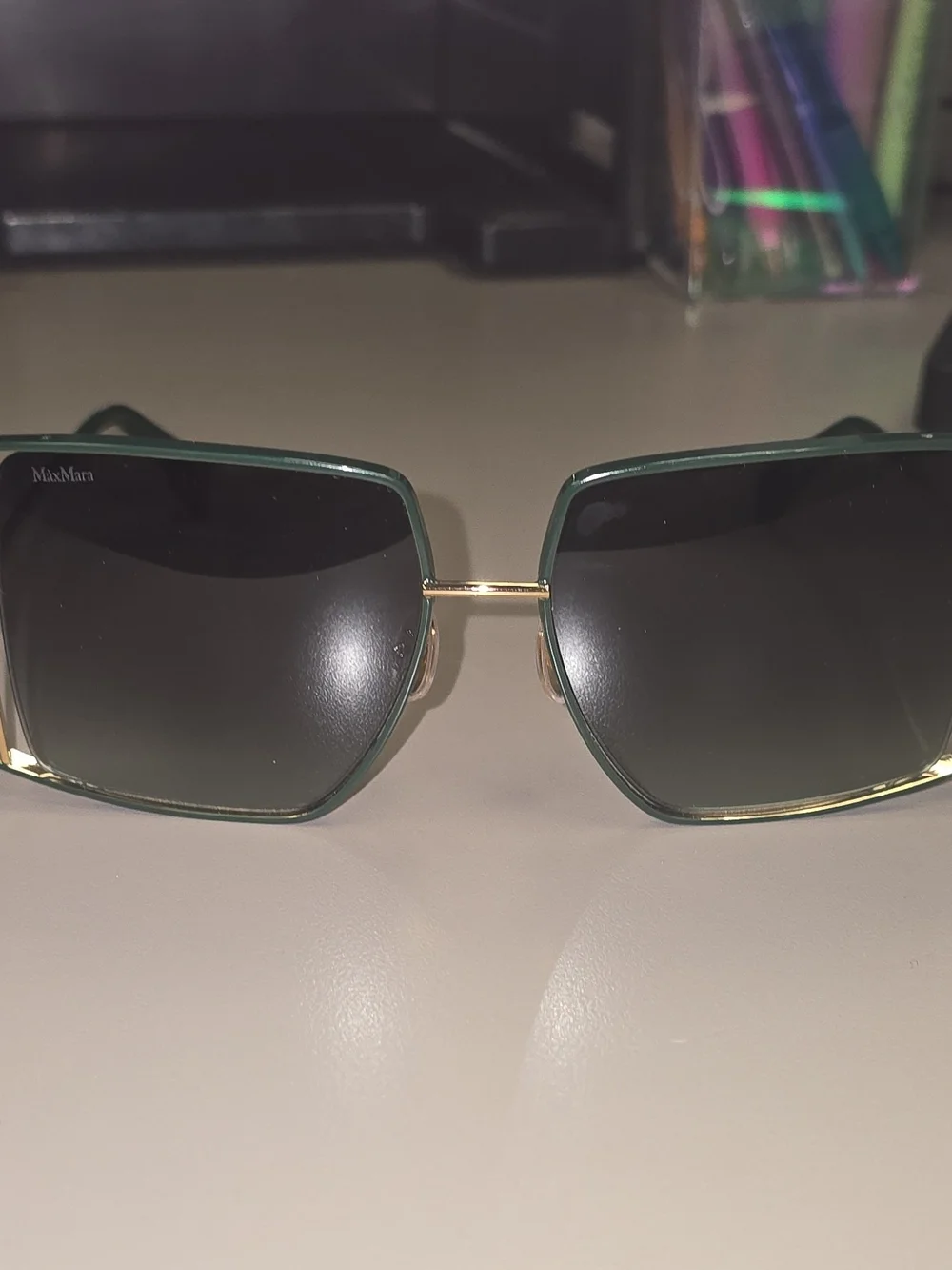 NWOT Max Mara MM0120 Jean1 Oversized Geometric Sunglasses Dark Green/Gold UV400
